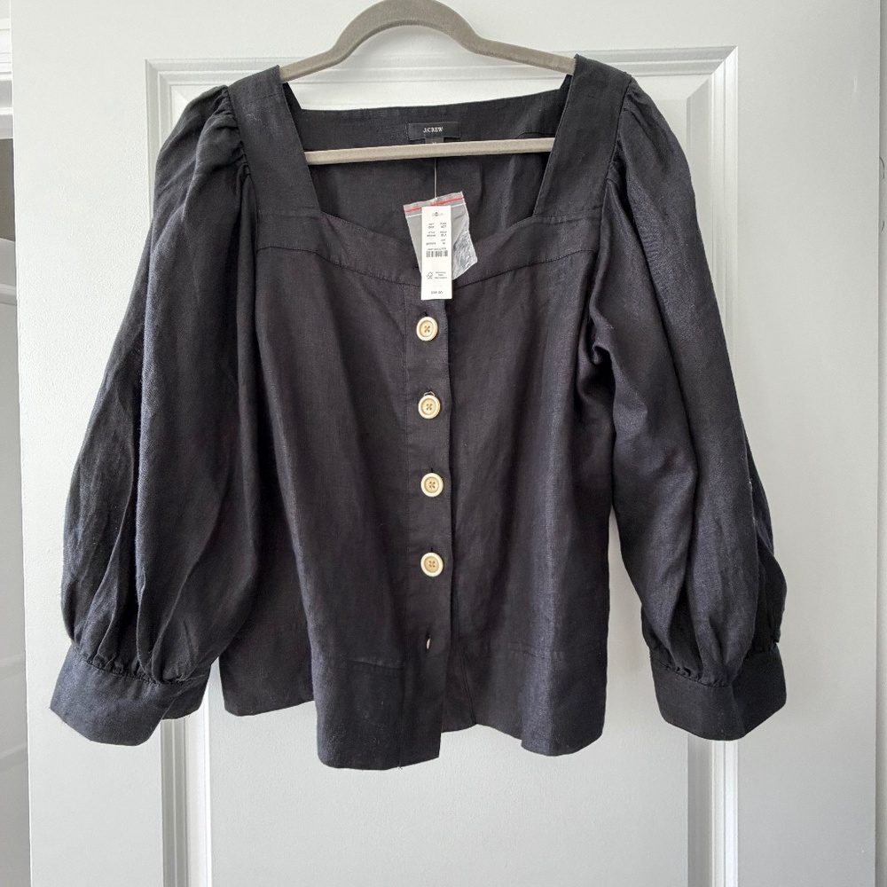 J.Crew Linen Button-Front Puff Sleeve Top – Black